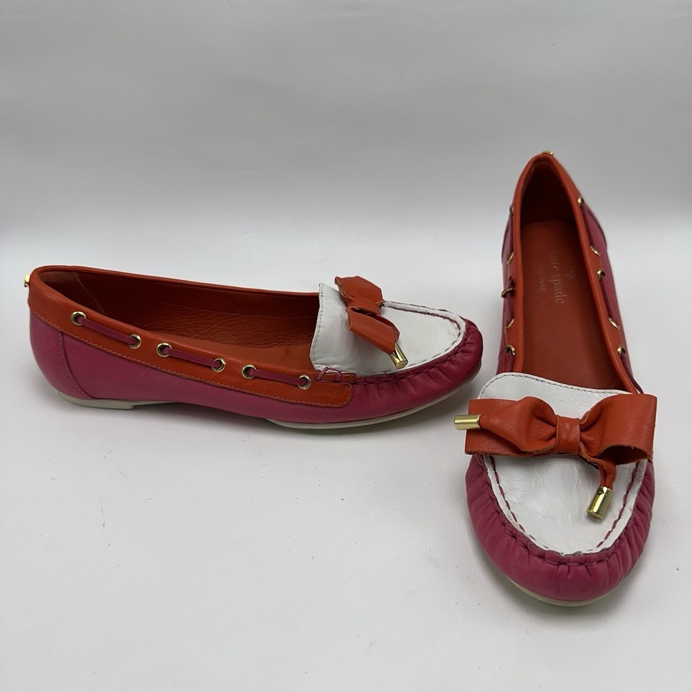 Kate Spade Boat Shoes Flats Bow Pink Red White Women's Size 8M